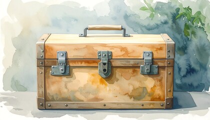 A vintage wooden toolbox rendered in watercolor style