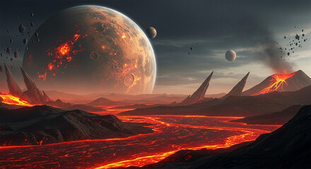 Lava rivers flow across a dark, alien landscape under a fiery planet and moon, showcasing volcanic activity and a dramatic, otherworldly scene