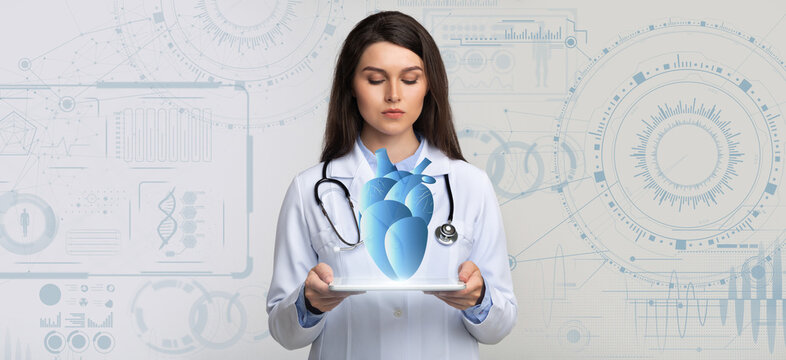 A healthcare professional attentively engages with advanced technology, showcasing innovative medical practices. The backdrop features a collage of healthcare data and graphics symbolizing progress.