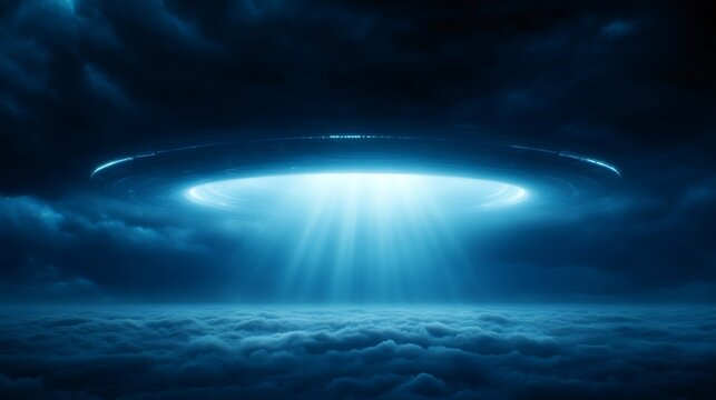 Unidentified flying object hovering over clouds emitting bright light beams at night