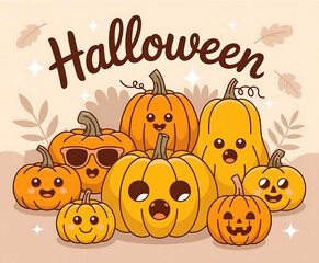Cute halloween pumpkins with happy faces celebrating autumn holiday fun and festive decorations illustration