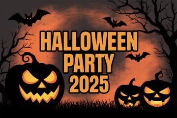 Spooky halloween party 2025 announcement with jack-o'-lanterns and bats under a full moon illustration