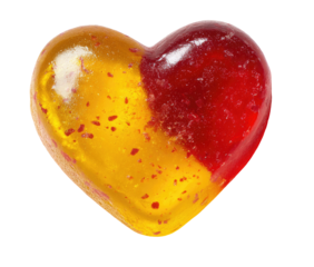 Heart-shaped candy, red and yellow halves (1)
