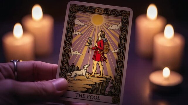 Close-up of tarot card "The Fool" held in hand with glowing candles in the background, cinematic mystical atmosphere, photorealistic enchanted divination scene