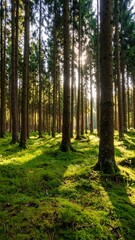 Sunlight filters through a dense forest