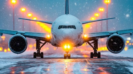 Large passenger jet on a snowy runway during winter with bright runway lights