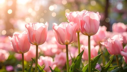 Delicate pink tulips bathed in sunlight, showcasing a beautiful spring scene.