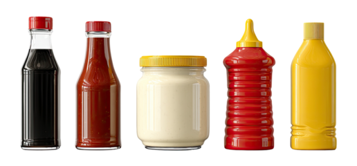 Assorted condiments in glass and plastic bottles