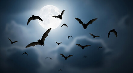 Silhouette of bats flying against a night sky with a full moon, creating a spooky Halloween atmosphere, perfect for themed designs or backgrounds