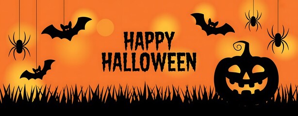 Happy halloween with jack o lantern bats and spooky orange background illustration
