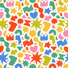 Naive playful crayon drawn abstract shapes seamless pattern. Funky contemporary figures.