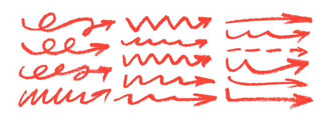 Crayon drawn red arrows collection. Funky right arrows, squiggly and straight lines.