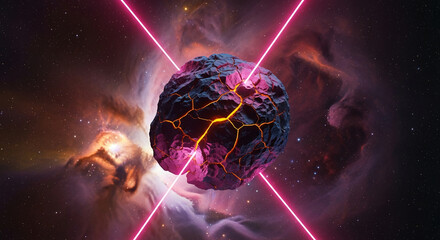 Cracked, glowing rock in space, intersected by pink laser beams, set against a nebula background, symbolizing power, energy, and cosmic events