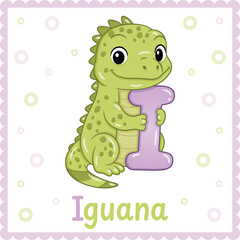 Letter I with Iguana Cute Educational Alphabet Flashcard for Kids