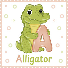 Letter A with Alligator Cute Educational Alphabet Flashcard for Kids