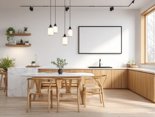 A bright, modern kitchen with a light wooden interior, a white marble countertop, and a stylish dining area. The minimalist design emphasizes natural light and clean lines.