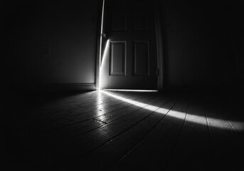 Generative AI Open Doorway to Light in Dark Door Black and white Room Wood floor Entrance Threshold Shadow Contrast Interior Architecture Hope Opportunity - Unique Design