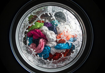 Generative AI Washing Machine with Colorful Clothes Washing machine Laundry Water Splash Clean Appliance Domestic Household Drum Hygiene Fresh Cleanliness - Perfect For Your Project