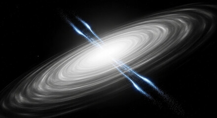 Swirling galaxy with bright central core and light-blue jets, showcasing cosmic energy and vastness, ideal for science or space themes