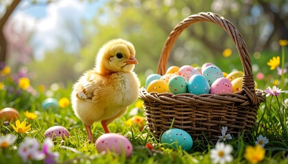 A fluffy yellow chick stands amidst colorful Easter eggs in a wicker basket, surrounded by vibrant flowers in a spring meadow.