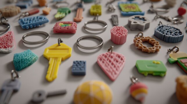 Medium shot of a crafting table with various colorful 3D printed keychain souvenirs main object sharply in focus against soft backdrop.