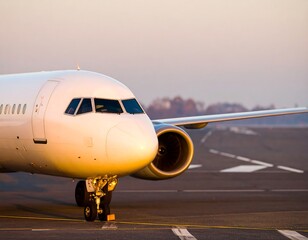 Airplane on tarmac at sunrise