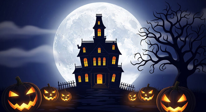 Haunted house silhouette against a full moon, surrounded by glowing jack-o'-lanterns, creating a spooky Halloween scene ideal for seasonal designs or invitations