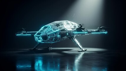 Sleek concept of a small futuristic aerial vehicle with glowing blue neon lights parked in a dark hangar - Powered by Adobe