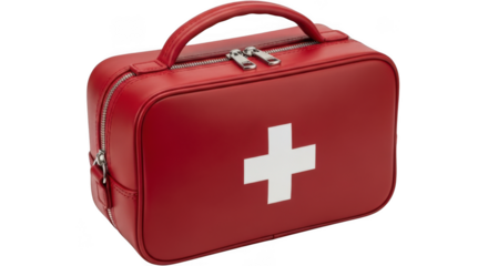 Red first aid kit with white cross symbol, isolated on transparent background