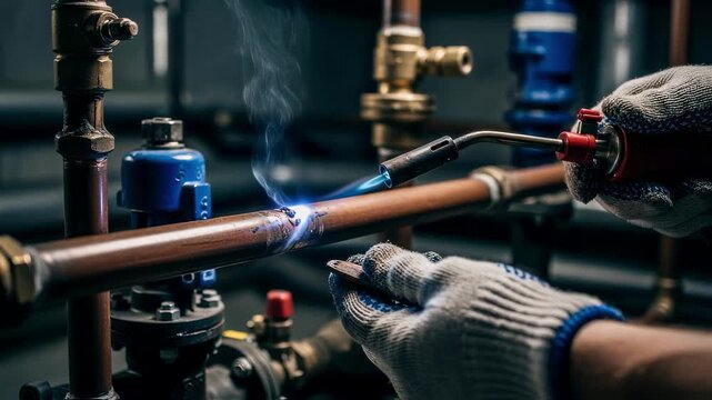 Repairing a pinhole leak on copper piping in a commercial buildings plumbing system using traditional soldering methods.