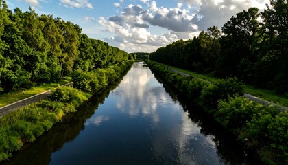 Fototapeta premium Serene canal lined by lush green forests