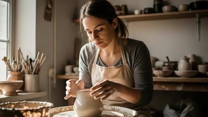 Pottery artist shaping clay vase in cozy studio with tools nearby. Pottery session features talented artisan focusing on details of creation. Concept pottery art for workshops, crafts,