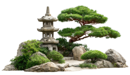 Stone pagoda and pine tree in a meticulously landscaped zen garden