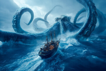 Kraken Attacking Ship in Stormy Ocean