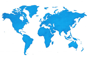 Blue watercolor world map on a transparent background, symbolizing global unity and environmental awareness