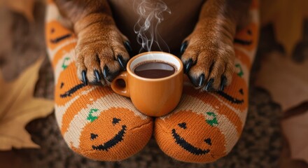 Dog Paws with Coffee Cup and Pumpkin Socks in Autumn Setting