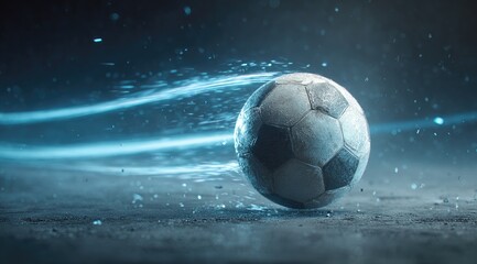 Fototapeta premium Soccer ball in motion, dark background, blue streaks