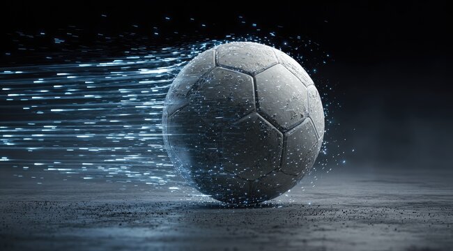 A soccer ball in motion, trails of light, dark background