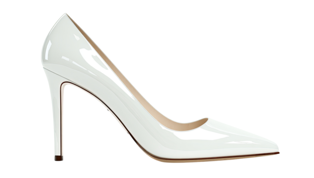 A glossy white pointed-toe high-heeled shoe