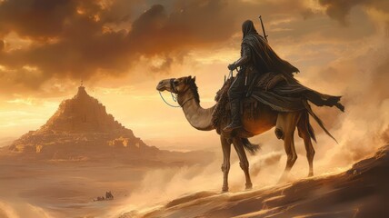 Warrior on a camel in the desert with sword created with Generative AI