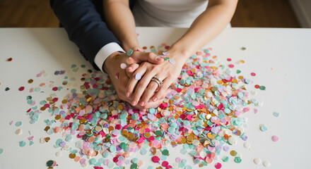 Close Up Of Couple Hands On Confetti With Isolated White Background Showing Rings