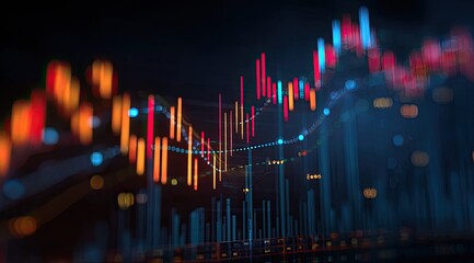 Abstract financial chart.  Colorful stock market data visualizations on a dark background.  Blurred lines, bars, and indicators suggest complex market trends