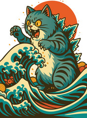Cartoon Godzilla Style Cat Roaring in Japanese Wave Scene Vector Artwork Catzilla