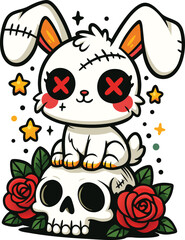 Cute Voodoo Bunny Sitting on Skull with Roses - Cartoon Tattoo Style Illustration
