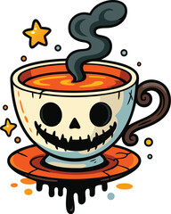 Spooky Halloween Cup of Coffee with Skull Face - Funny Creepy Beverage Vector Art