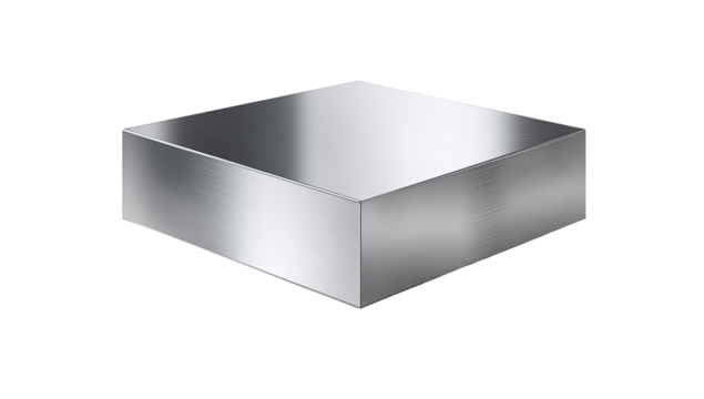 A metallic, square, rectangular block.  Highly reflective, smooth surface.  Simple, geometric shape