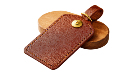Brown leather key tag on wooden discs