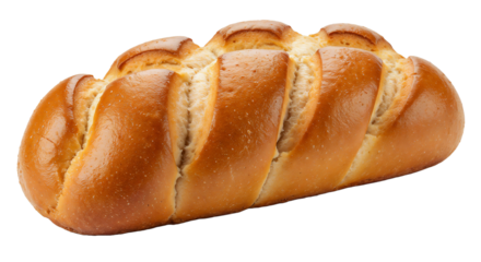 Freshly baked loaf of braided bread on a clean white background

