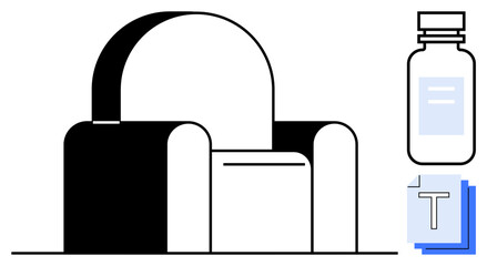 Black and white chair illustration with a medicine bottle and stacked documents. Ideal for health, workspace, minimalism, organization, wellness, creativity, and a simple landing page