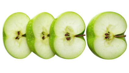 Four sliced green apples arranged in a horizontal row.  Fresh, healthy fruit, vibrant green flesh, and visible seeds